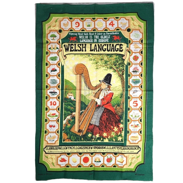 Vtg Welsh Tea Towel Clive Mayor British Travel Souvenir Cotton Welsh Language