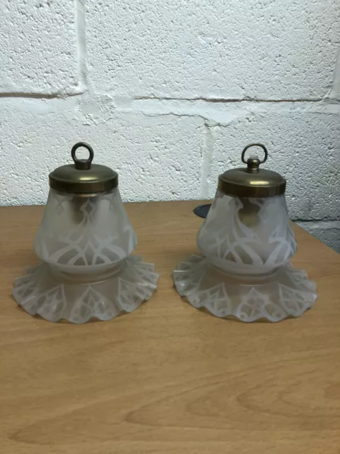 pair of antique glass light shades brass fittings vintage lighting