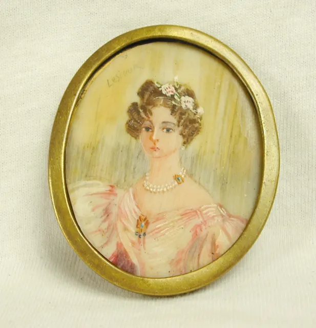 Antigua Miniatura Siglo XIX De Medallón Firmado Lesieur Retrato Mujer Of Woman
