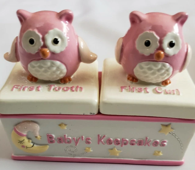 Shudehill Baby Girl Pink First Curl & First Tooth Ceramic Keepsake Box Pink Owl