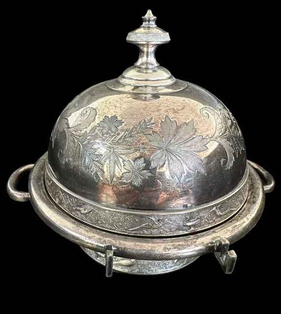 Meriden B Silver Plate Butter Dish Server Flower Bird Finial Pierced Liner #4946