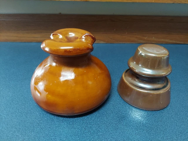 2 Vintage USA Porcelain Power Line Insulator Ceramic Arts & Crafts Brown