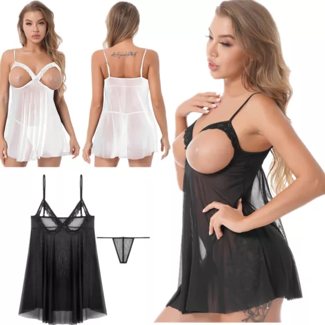 Damen Sexy Negligee Offene Brust Nachtkleid Transparent Kleid G-String Babydoll