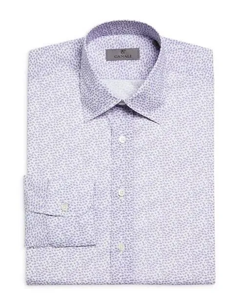 Canali Men's Dress Shirt White / Purple Size Small Micro Floral Button Front
