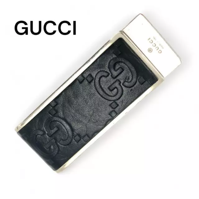 GUCCI GG Guccissima Geldklammer, schwarzes Leder, silberfarben, guter Zustand