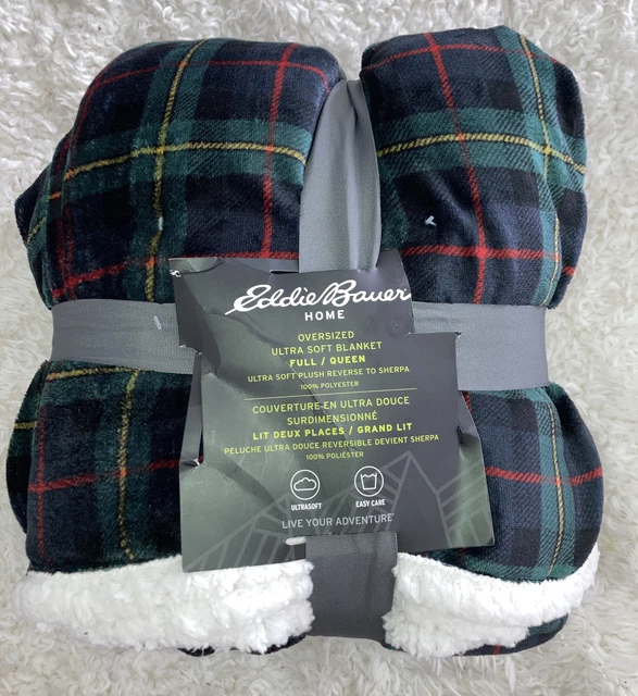 EDDIE BAUER Green Plaid ULTRA SOFT Pine King SHERPA Full / Queen BLANKET * NEW