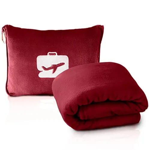 Travel Blanket and Pillow - Premium Soft 2 in 1 Airplane Blanket with Burgundy