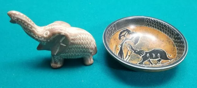 Bowl & Figure Set African Soap Stone Dish Small Elephant Carved Tribal 4.5" bowl