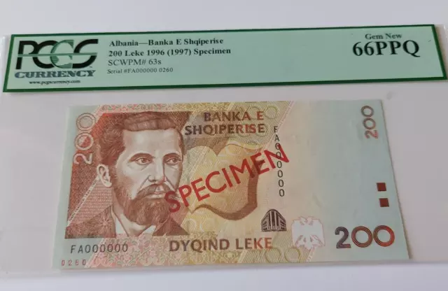 ALBANIA 200 Leke SPECIMEN 1996 serie 000 very rare PMG ms66