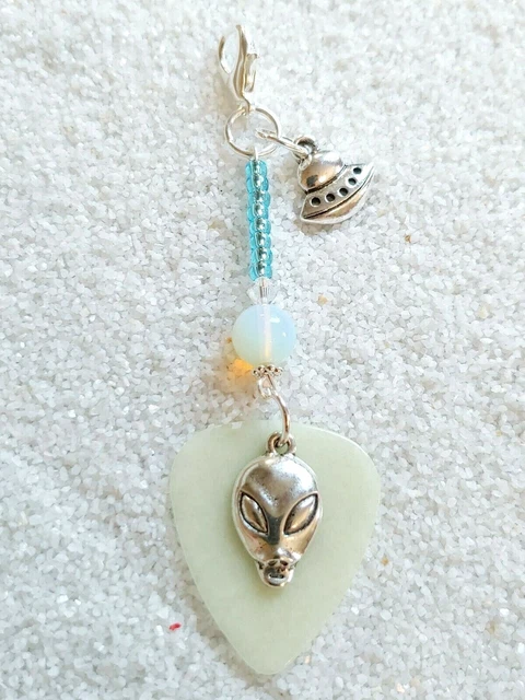 Alien UFO Crystal Beaded Clip On Charm Pendant GLOW IN THE DARK Purse Dangle