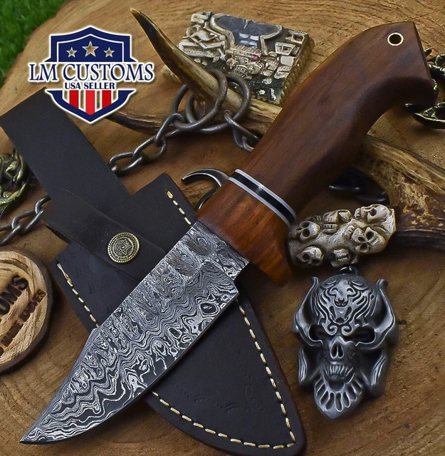 Forged Hunting Skinner Knife Ladder Damascus Walnut Wood Wooden Bolster EDC
