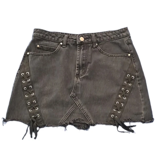 Boohoo Black Tie Detail Denim Mini Skirt Womens Size 12 (GX15)