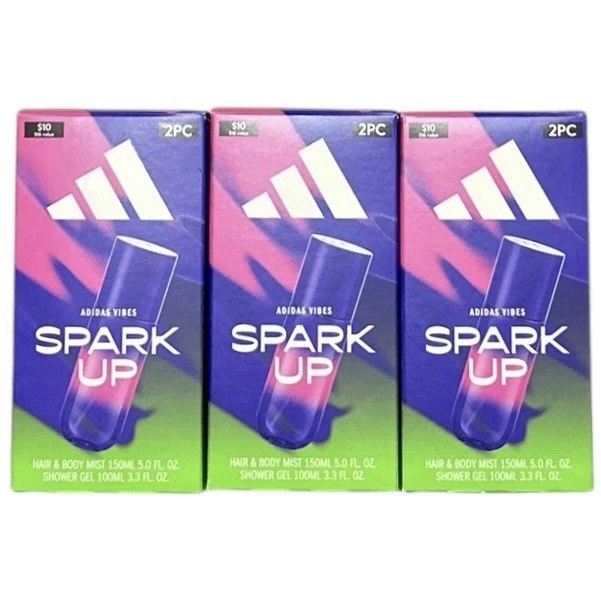 3 ADIDAS VIBES Spark Up Gift Sets Hair & Body Mist, 5 oz. Shower Gel, 3.3  oz $30.00 - PicClick