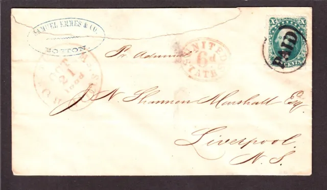 US 33 10c Washington on Cover from Boston, MA to Liverpool w/PAID Cancel