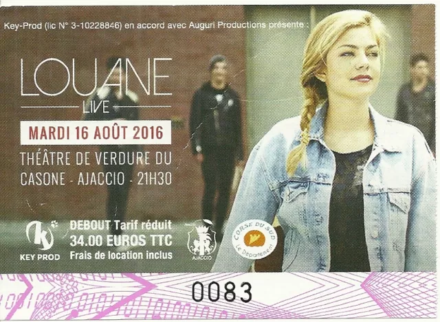 Rare / Ticket Billet De Concert - Louane : Live A Ajaccio ( Corse France ) 2016