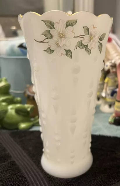 Vintage NOR-SO Milk Glass Hand Painted 22k Gold Rim Dogwood Print Vase 7.25 in