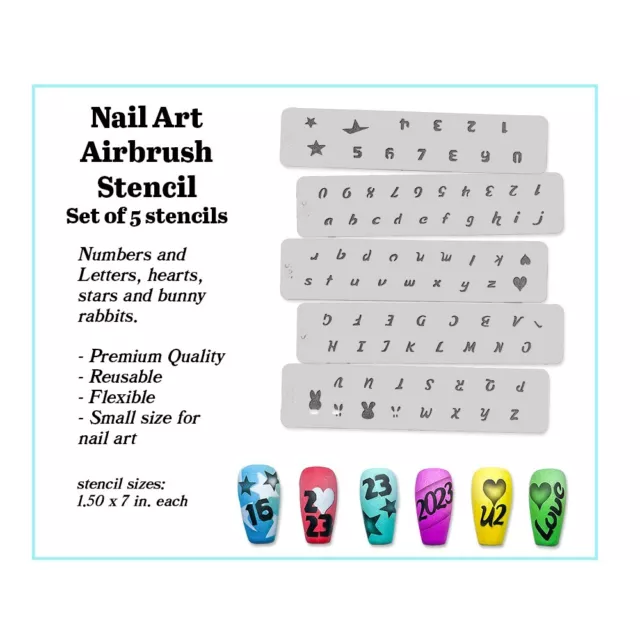 Juego de tiras de plantillas de diseño de arte en uñas aerógrafo 5 piezas números, letras, corazones, conejo