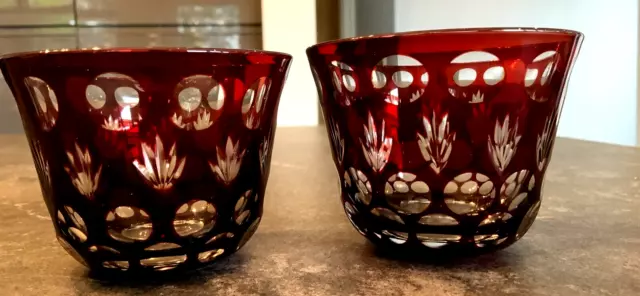 Lovely Pair of Deep Ruby Glass Bohemian Cut To Clear Tumblers