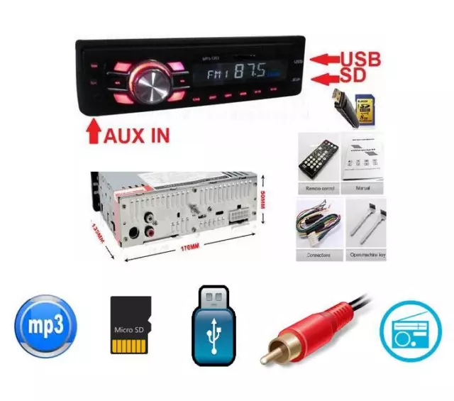 Stereo Auto Autoradio Aux Mp3 Slot Usb Sd Radio Fm Frontalino Camper Barca