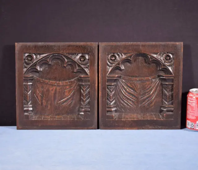 *Pair of French Antique Gothic Revival Panels in Solid Oak Wood Salvage