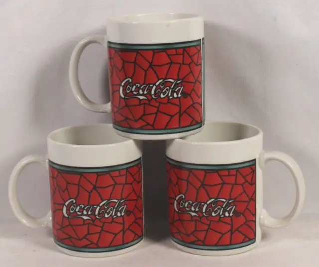 Three (3) Coca Cola Mug Red Stained Glass Design Coffee Cup Mug Gibson 4" Tall
