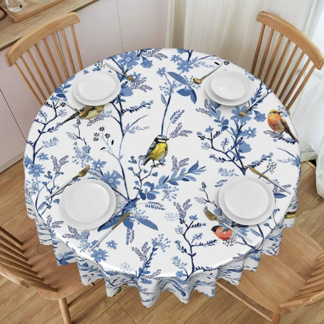 Floral Navy Blue Bird White Spring Flower Round Tablecloth 60 Inch Dining
