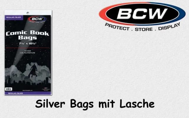 BCW - 100 Comic Book Bags - Hüllen - Silver Age Size mit Lasche - NEU&OVP