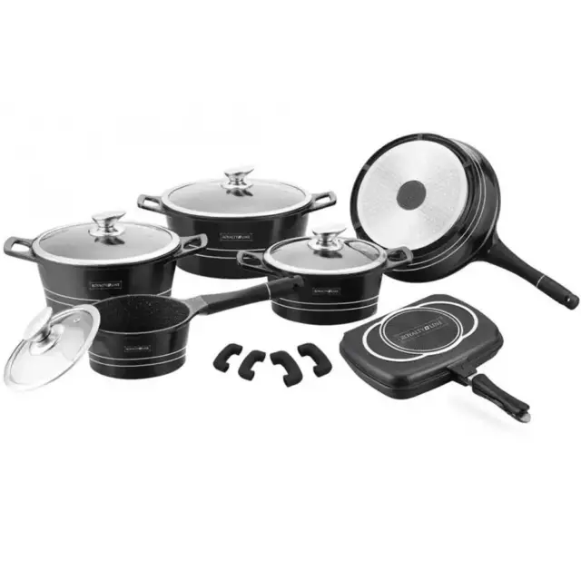 Set di Pentole Padelle 15 Pz Professionale in Pietra Lavica Royalty Line Nero Bl