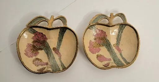 Brass Bazaar Apple Trinket Dishes Vtg Hand Painted Floral Tray Jewelry Dish 2qty