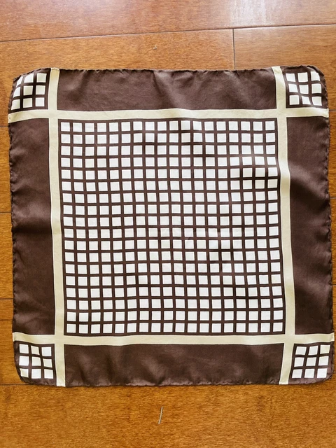 Mens Chocolate Brown & Beige Mini Check 100% Silk Pocket Square/Hanky
