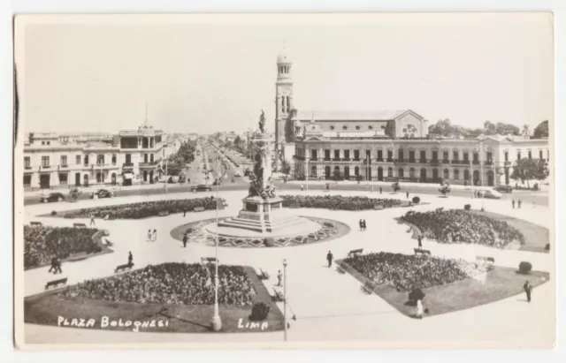 Plaza Bolognesi Lima Peru 1940s Postcard RPPC Roundabout Statue Photo