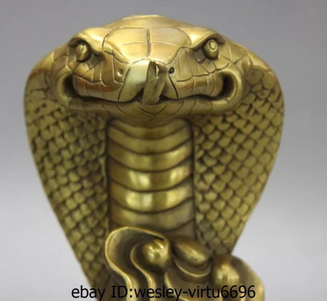 China Folk Pure Brass Copper Fengshui Wealth Lucky Zodiac Fu Cobra Snake Statue 3