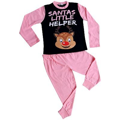 Kids Girls Pyjamas Santas Little Helper Baby Pink Contrast Sleeves Xmas PJS 2-13