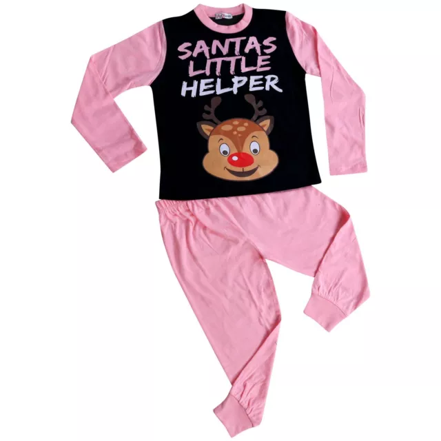 Kids Girls Pyjamas Santas Little Helper Baby Pink Contrast Sleeves Xmas PJS 2-13