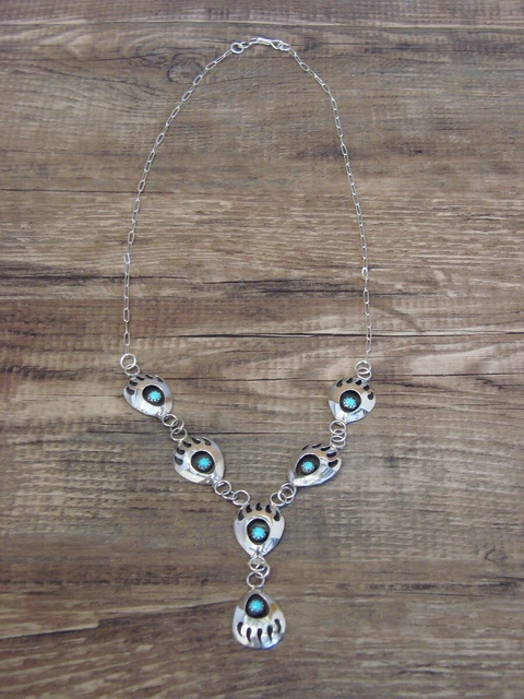 Navajo Indian Sterling Silver Turquoise Bear Paw Link Necklace