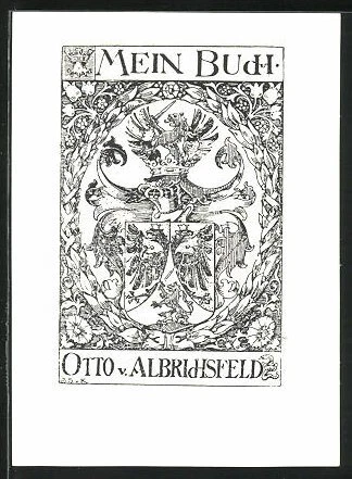 Exlibris von K. Sabostyen für Otto von Albridhsfeld, Wappen mit Adler und Ritte