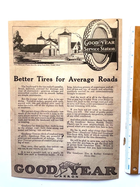 1917 Print Ad Goodyear Tires, Dairy Barn Dundee, ILL, Automobile 10"x13"