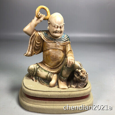 6" China antique Shoushan Stone Hand carved boutique cai painted arhat statue