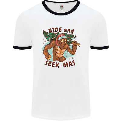 Bigfoot Hide and Seekmas Funny Christmas Mens White Ringer T-Shirt