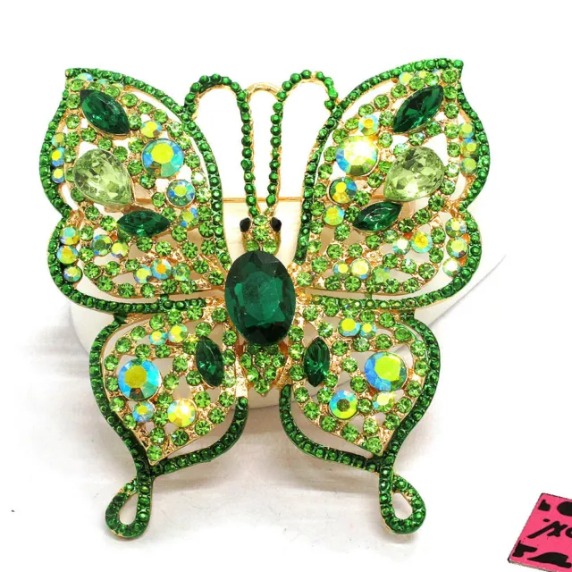 New Green Bling Rhinestone Flower Butterfly Fashion Women Charm Brooch Pin