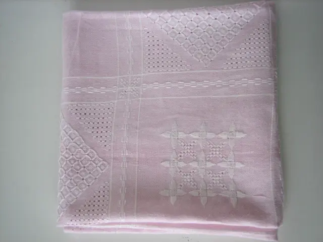 Alte Hardanger Kaffee Tischdecke Tafeltuch Handarbeit 1,40 x 1,40 Rosa Leinen?