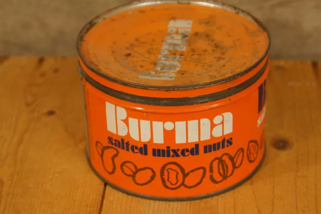 1920's Burma Salted Mixed Nuts Advertising Tin Hard to Find Brand Orange Tin