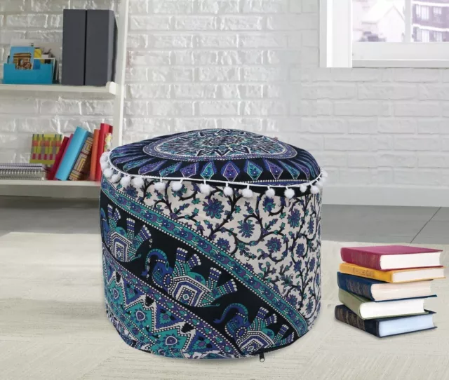 Elephant Mandala Handmade Pouf Ottoman Pouffe Poof Round Pouf Foot Stool Ethnic