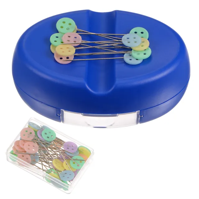 Magnetic Pin Cushion with 50pcs Button Plastic Head Pins, with Drawer, Navy Blue