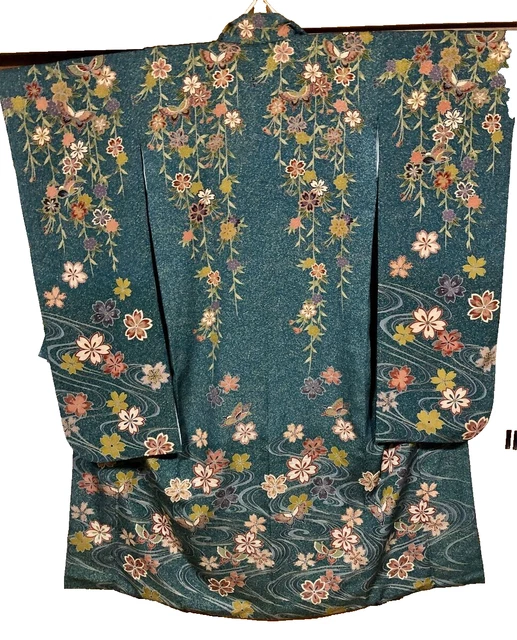 Giapponese Kimono Seta Furisode Vintage Tradizionale Fiore Motivo Muschio Verde