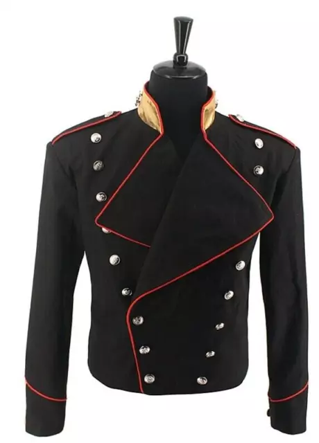 New Michael Jackson Red Trimming Military Black Men Wool Jacket Fast Shipping