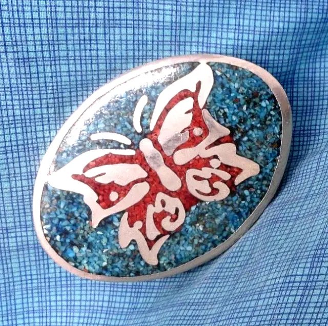 Butterfly Belt Buckle Boho Hippie Stone Inlay Coastal Cowgirl Vtg 70s    .QRT120