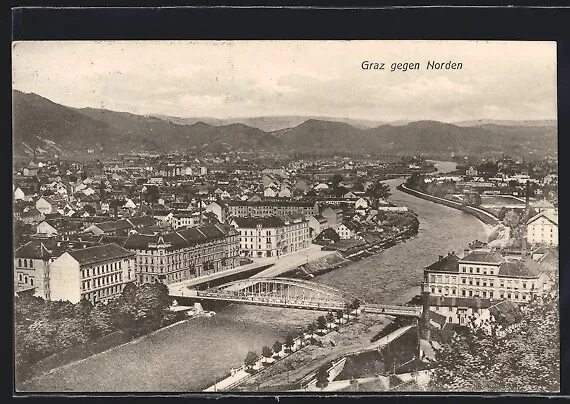 Ansichtskarte Graz, Teilansicht mit Brücke gegen Norden 1909