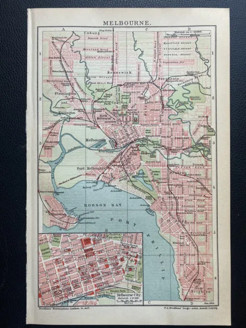 seltener antiker historischer Stadtplan Melbourne Original um 1904