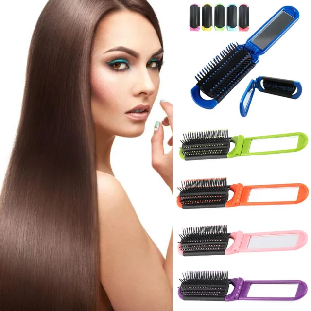 Ultra FOLDING HAIR BRUSH with Mirror BLACK Compact Pocket Size - FREE SHIPPING